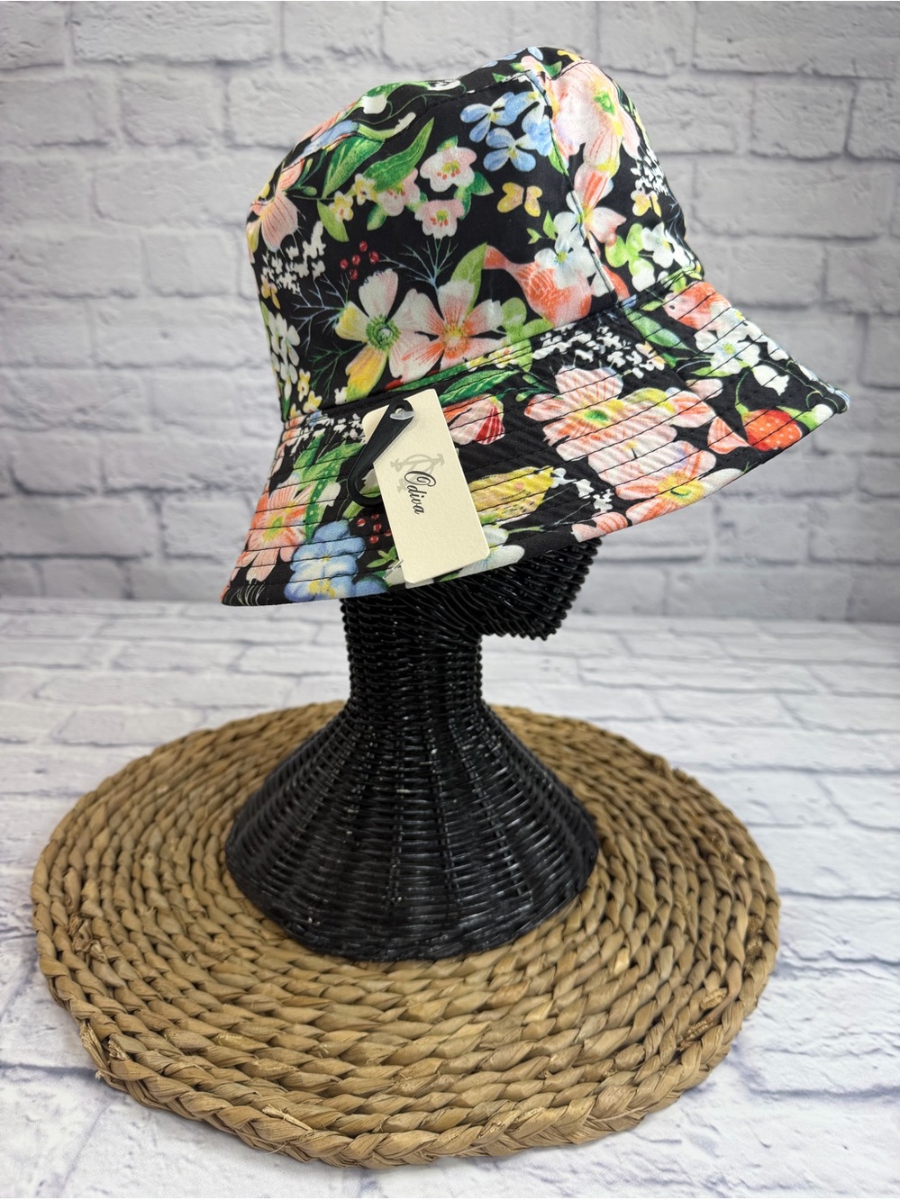 NWT Odiva Floral Bucket Hat - Black with Pink, Green & Blue Flowers